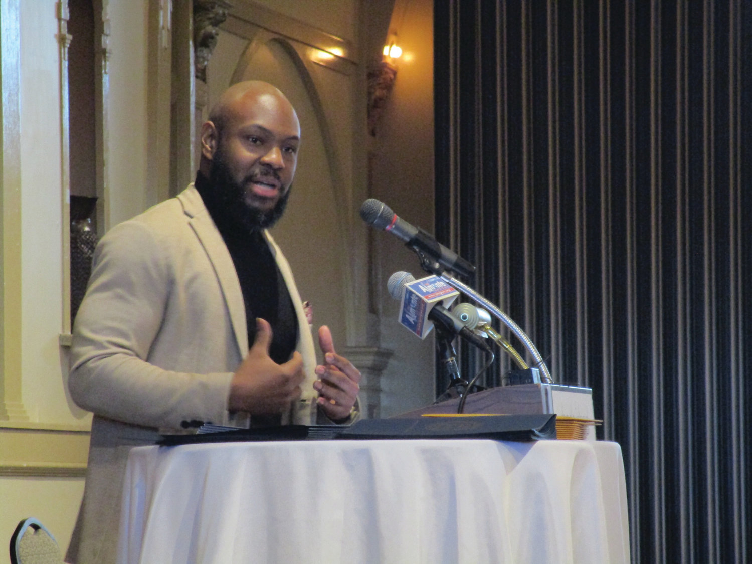 SEEING OPPORTUNITY: Carlon Howard provided the keynote address during Monday’s breakfast, pointing to Rhode Island’s small size as providing a unique opportunity to affect change.
